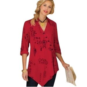 Soft Surroundings Pagoda Printed Wrap Roll Tab Tunic Size L Red